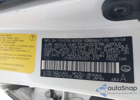 2005 Lexus Es 330 из США, поврежденный, VIN JTHBA30G555071479